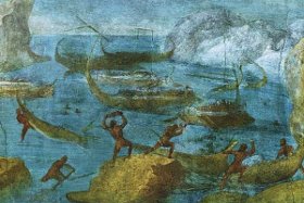 Лестригоны бросают камни в корабли Одиссея. Римская фреска. I век до н. э.